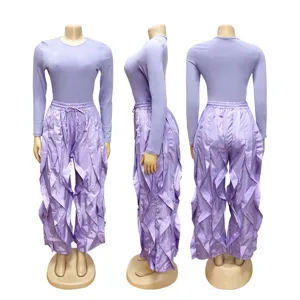 Women purple long sleeve top and ruffle wide leg pants two piece set autumn clothing