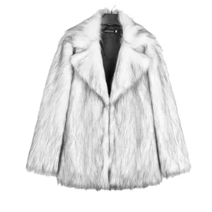 Stylish women's faux fox fur coat with classic lapel collar, soft winter warm outwear.