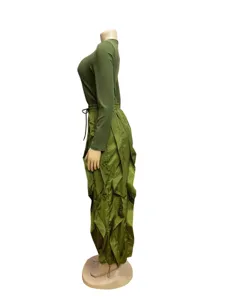 Women fashion two-piece outfit slim long sleeve top and ruched ruffled wide leg pants