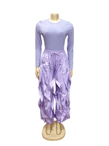 Women light purple two-piece set slim long sleeve top wide leg ruffled pants fashion