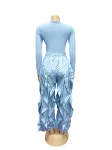 Women autumn winter slim long sleeve top wide leg ruffle pants two piece set casual outfit