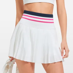 Weißer plissierter Tennisrock mit gestreifter hoher Taille Sportbekleidung Fitness Damen Skort