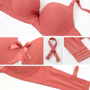 Women seamless push up bra detail view, solid color comfortable daily underwear with bow.
