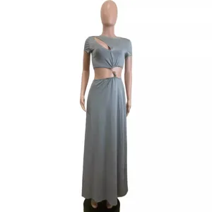Γυναίκες σέξι μονόχρωμο crop top με κοψίματα και ψηλόμεση μακριά φούστα σετ δύο τεμαχίων γκρι