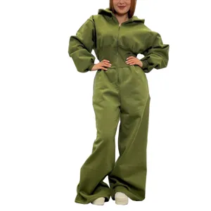 Olive green hooded long sleeve casual jumpsuit with cinched waist for women wear.