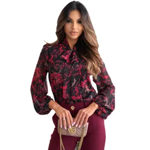 Camicetta elegante a maniche lunghe stampa floreale colletto con fiocco moda donna