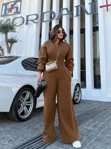 Women solid color hooded long sleeve jumpsuit casual autumn winter waist cinching romper