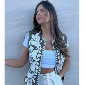 Women Vintage V-Neck Embroidered Vest Sleeveless Open Front Boho Waistcoat Casual Floral Embroidery Cardigan Top