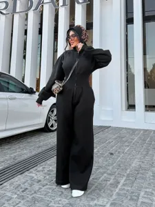 Women solid black hooded zip jumpsuit casual long sleeve slim fit romper detail view