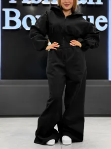 Black long sleeve hooded jumpsuit with zipper and wide leg design for women casual wear detail