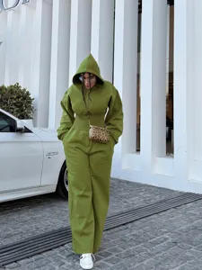 Women solid color hooded long sleeve jumpsuit casual autumn winter cinched waist romper outfit