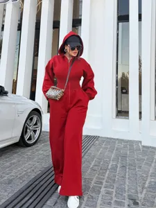 Women casual solid color hooded long sleeve waist cinching red jumpsuit autumn winter streetwear