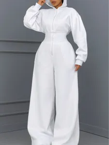 Detail view of women's solid white hooded long sleeve zip jumpsuit with cinched waist.