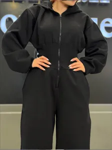 Womens casual solid color hooded long sleeve cinched waist jumpsuit autumn winter activewear