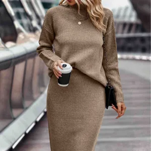 Chic khaki knitted two-piece set featuring a mock neck long sleeve sweater and midi skirt.