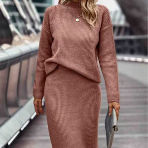 Women knit sweater and midi skirt matching set long sleeve mock neck two pieces