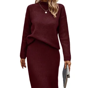 Burgundy turtleneck knit sweater and high waist midi skirt set for women winter fashion.