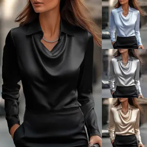 Details of the elegant cowl neck satin long sleeve blouse showing texture and color variants.