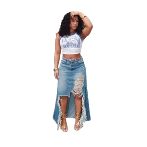 Distressed high waist denim midi skirt with raw hem and edgy band crop top for women.