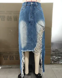 High waist distressed raw edge denim skirt with irregular hem and bodycon fit for street style.