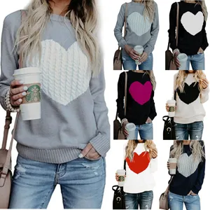 Damen Langarm Zopfstrick Pullover Lässige lose Rundhals Pullover mit süßem Herzmuster Oberteil