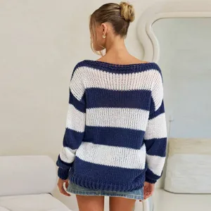 Maglione lavorato a maglia a righe donna largo casual maniche lunghe blu bianco moda