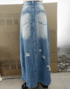 Women's vintage distressed denim long skirt high waist ripped split back detail