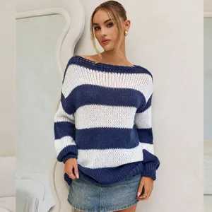 Maglione Pullover in Maglia a Righe a Manica Lunga e Girocollo Casual da Donna Largo Oversized per Uso Quotidiano