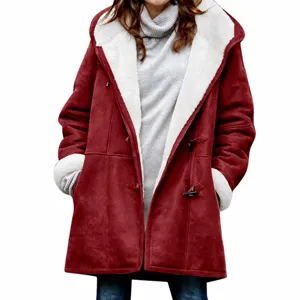 Detailed view of red fleece-lined hooded coat with cozy toggle buttons and deep side pockets.