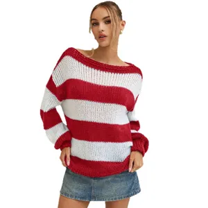 Donna maglione a righe rosso bianco largo lavorato a maglia top casual manica lunga moda