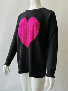 Damen Herbst Winter Freizeit lose Strickpullover Rosa Herz Rundhalsausschnitt langarm