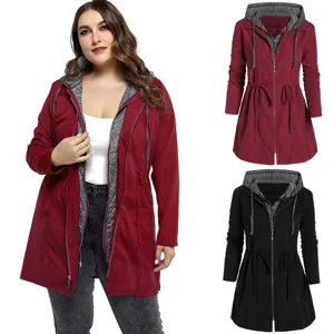 Women's Casual Trench Coat Long Sleeve Hooded Layered-Look Slim Fit Outerwear Zipper Windbreaker Jacket