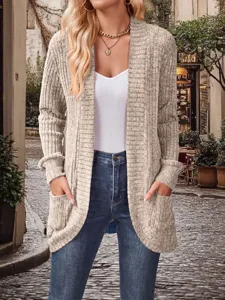 Detailed view of women's casual open-front ribbed knit cardigan with pockets in classic style.
