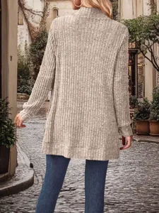 Casual loose solid color long sleeve pocket knitted cardigan sweater back detail view.