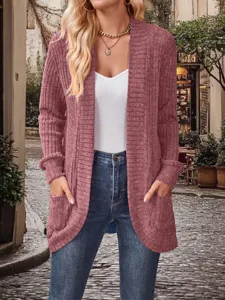 Women casual open front long sleeve solid knit cardigan sweater with pockets for autumn winter.
