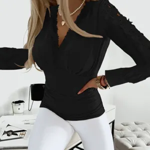 Women's long sleeve V-neck lace spliced slim fit black blouse casual elegant top apparel