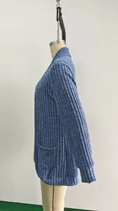 Blue ribbed knit cardigan, casual long sleeve open front sweater with pocket for women detail.
