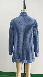 Detailed view of women's long sleeve ribbed knitted cardigan sweater in solid blue color.