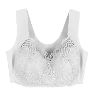 Primo piano di reggiseno senza cuciture in pizzo bianco, con spalline larghe e dettagli floreali.