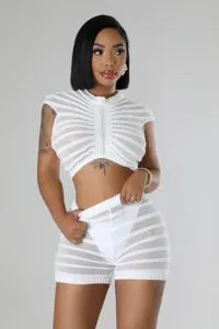 Women white knit two piece set crop top and shorts mesh striped summer casual sexy outfit
