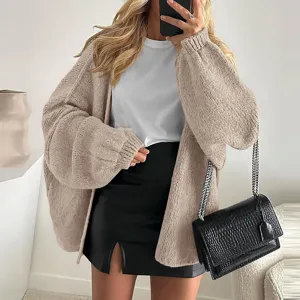 Oversized knit cardigan for women, casual long sleeve sweater outerwear with open front.