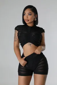 Black two piece set crop top shorts sexy summer outfit fashion casual streetwear clothing