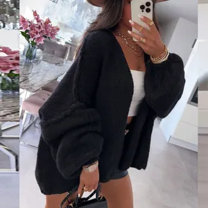 Women's V-neck solid casual loose knit cardigan sweater, comfortable autumn outerwear.
