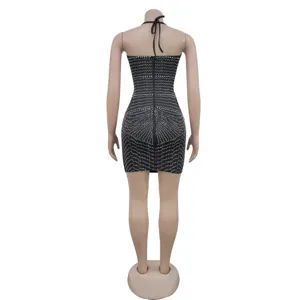 Stunning black halter strapless bodycon mini dress with sparkling rhinestones party wear.