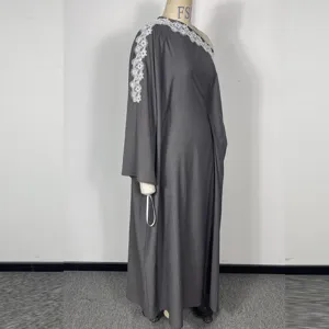 Elegant grey one-shoulder long sleeve dress with delicate white lace trim for women