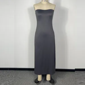 Grey strapless maxi dress, slim fit design, elegant casual long dress for women fashion style.
