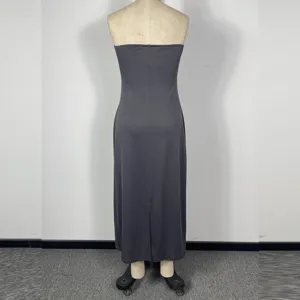 Dark grey strapless long dress detail shot, sleek silhouette, clean back view for women.
