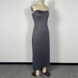 Dark grey strapless long dress product detail view, showing the minimalist fitted silhouette.