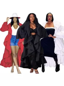 Long ruffled trench coat women street fashion solid color shawl jacket outerwear