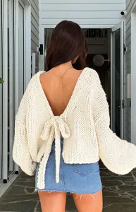 Cardigan in maglia grossa con fiocco sul retro da donna, maglione corto casual.